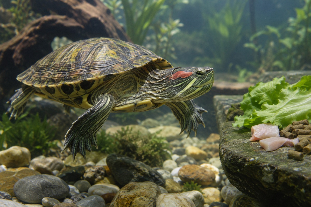 A healthy adult red-eared slider turtle in a clean home aquarium, swimming toward a feeding area wit