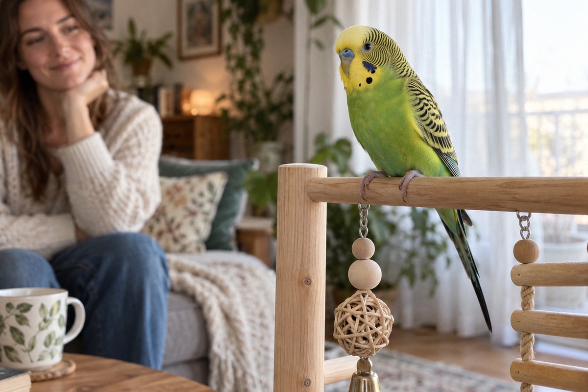 A realistic indoor scene with a green-and-yellow budgerigar perched safely on a wooden play stand se