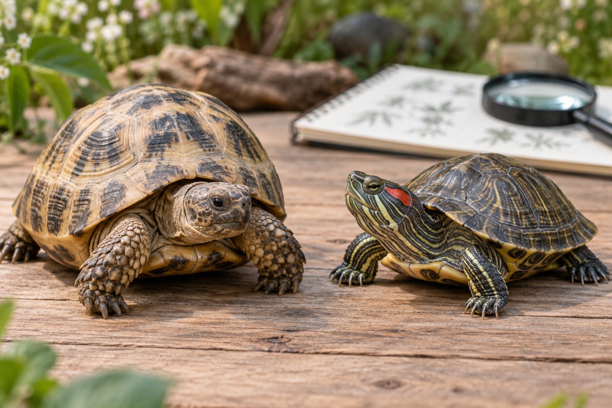 A realistic educational natural photography scene of two different pet turtles for species identific