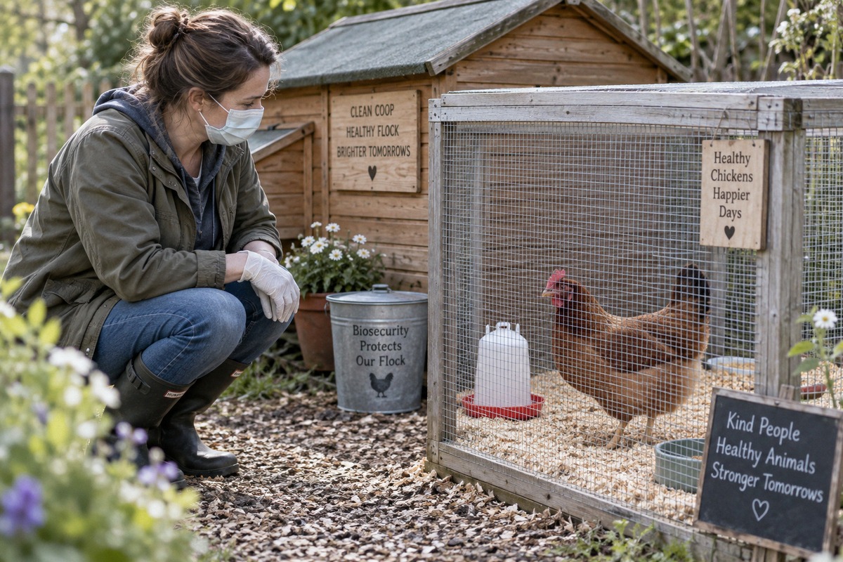 A responsible backyard poultry owner wearing disposable gloves and a simple protective mask stands b