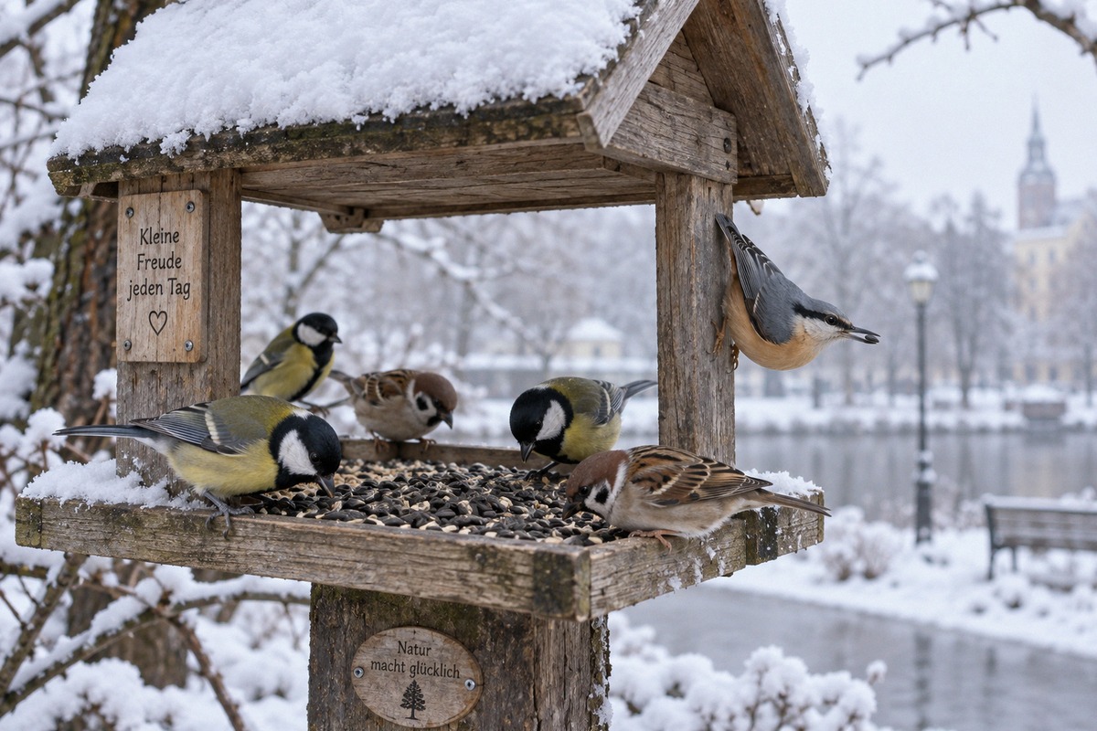 A wooden bird feeder in a snowy city park during winter morning, several great tits, Eurasian tree s