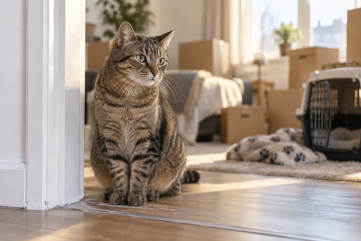 A realistic natural photography scene of an adult domestic shorthair tabby cat cautiously sitting at