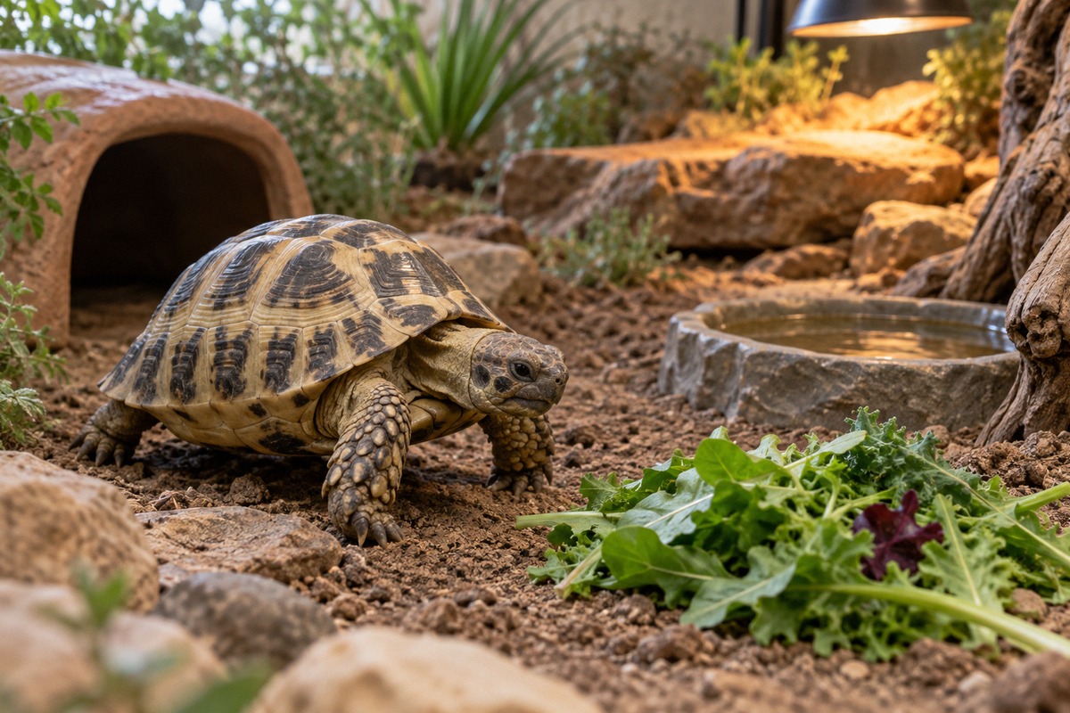 A healthy Central Asian tortoise in a spacious naturalistic indoor terrarium, walking over dry soil