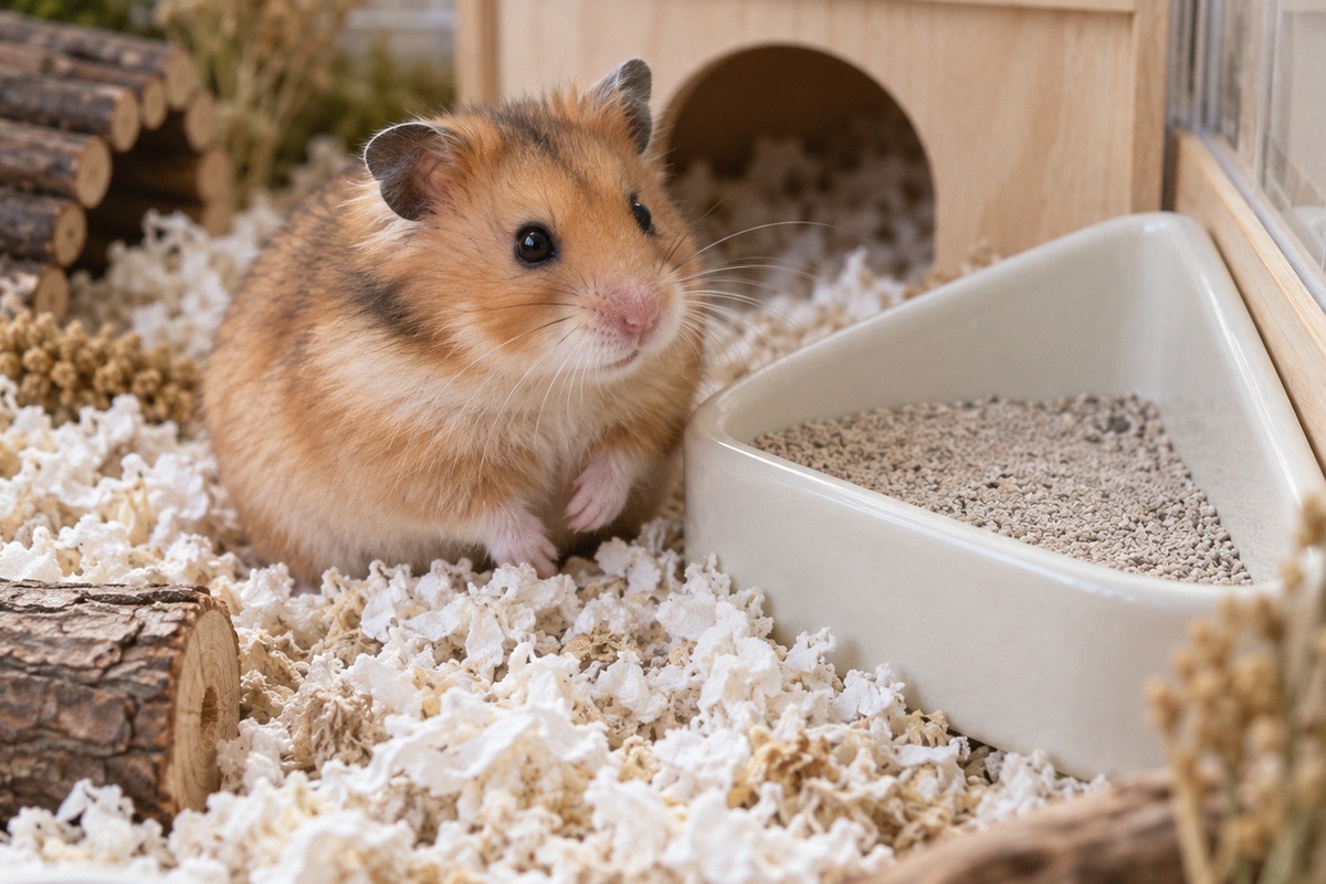 A realistic Syrian hamster inside a spacious clean habitat, sitting near a small ceramic corner litt