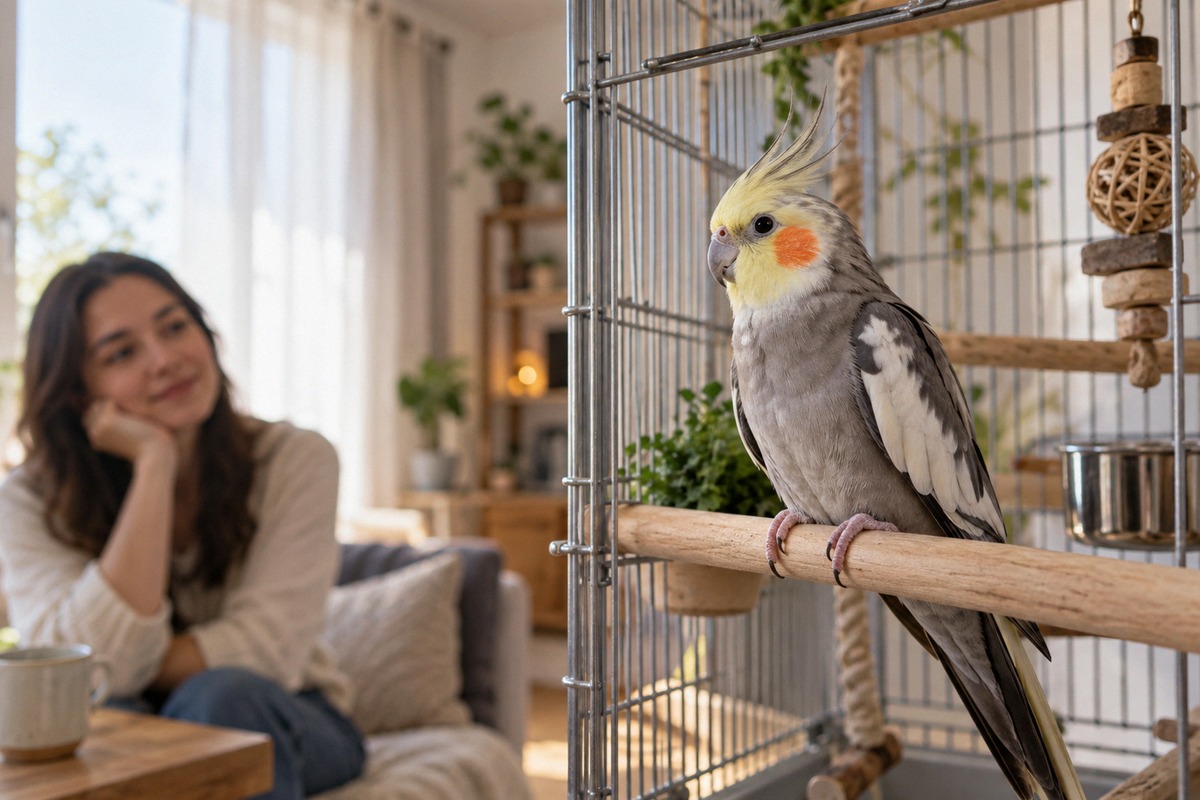 A realistic cockatiel newly arrived in a cozy apartment, sitting calmly on a natural wooden perch in