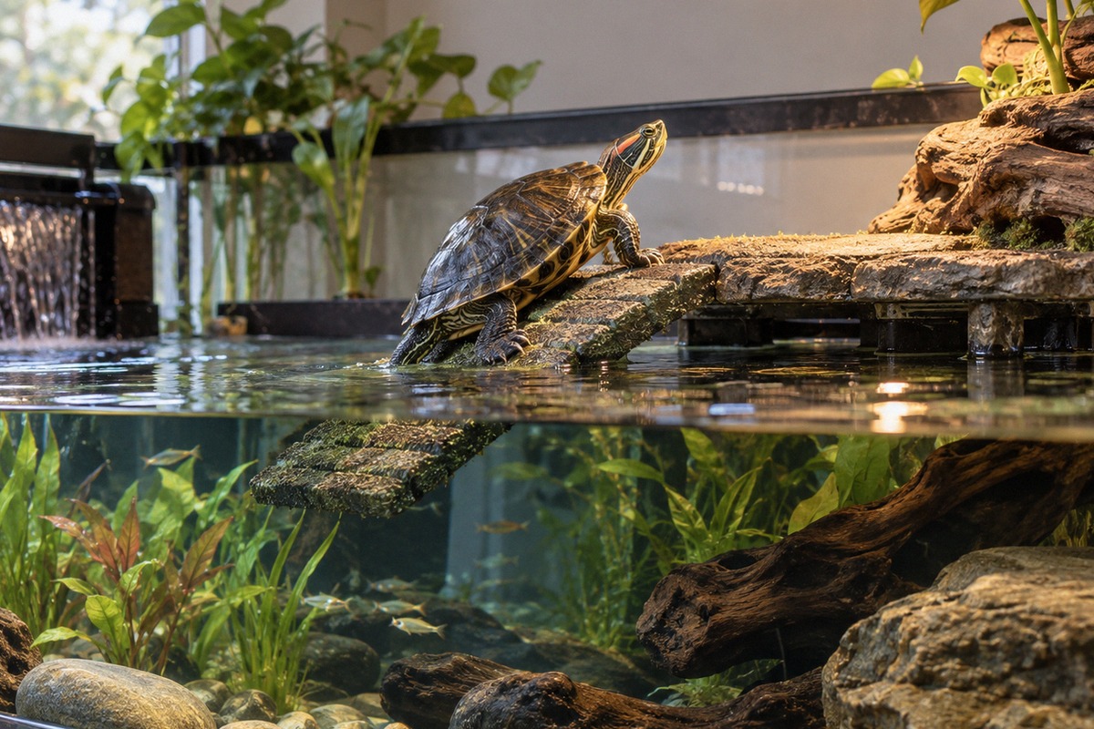 A healthy adult red-eared slider turtle in a spacious modern home aquarium, calmly climbing a wide n