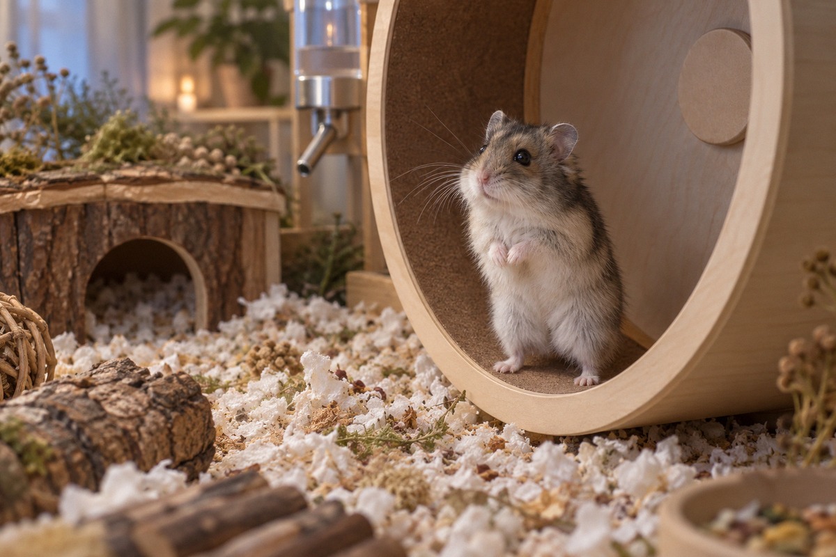 A curious dwarf hamster in a spacious naturalistic enclosure, standing at the entrance of a large sa