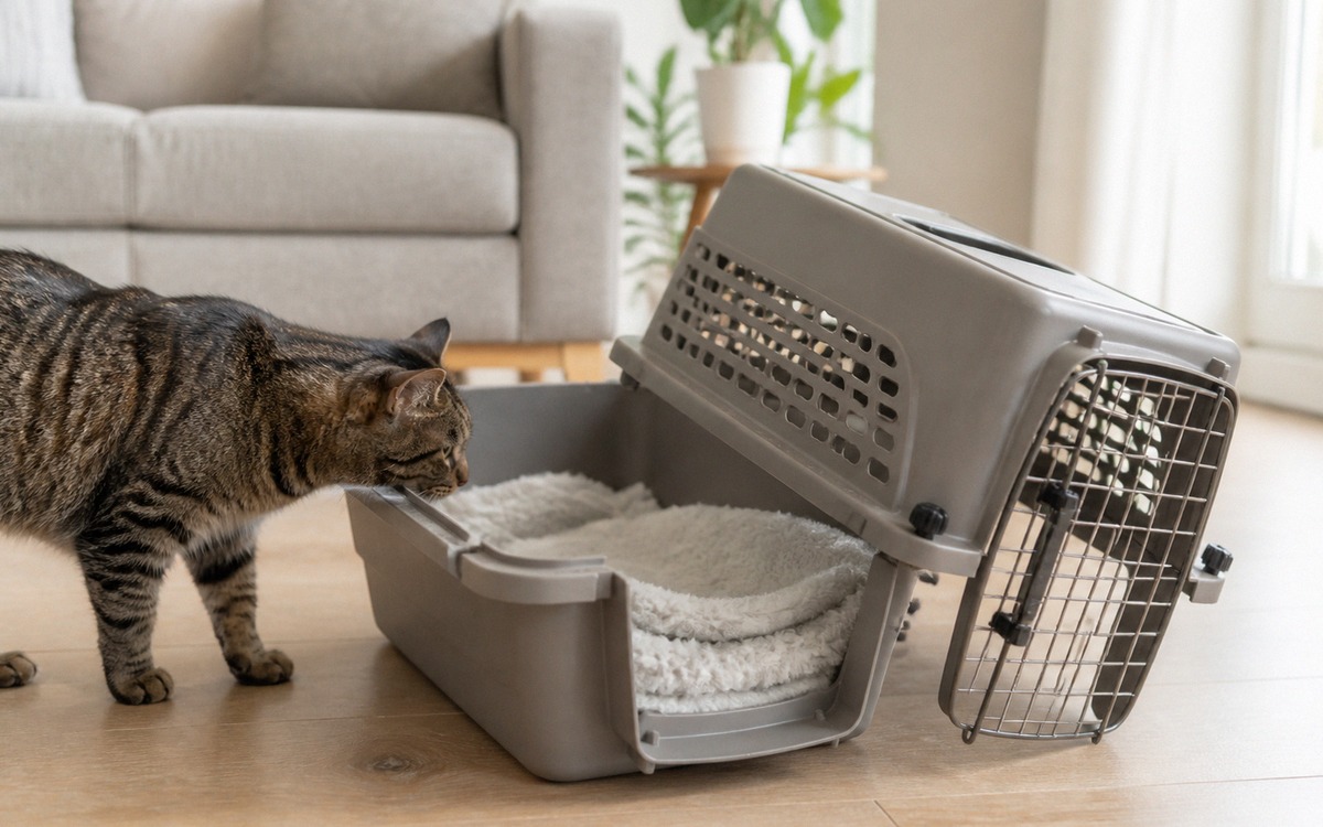 A sturdy hard plastic cat carrier with a removable top placed on a living room floor, a soft non sli