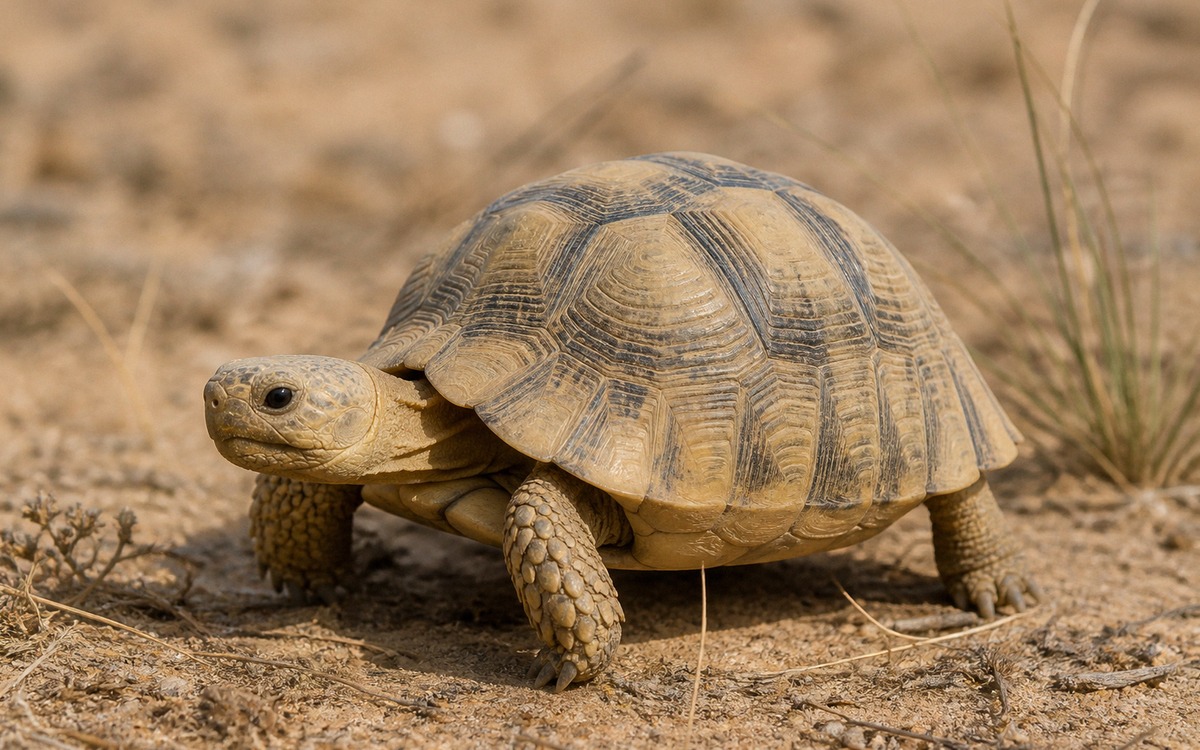 Close-up photorealistic shot of an Egyptian tortoise walking slowly on sandy natural ground with spa