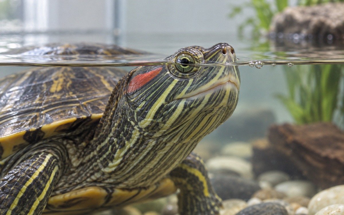 Close-up natural photograph of a red-eared slider turtle at the water surface in a clean aquarium, s