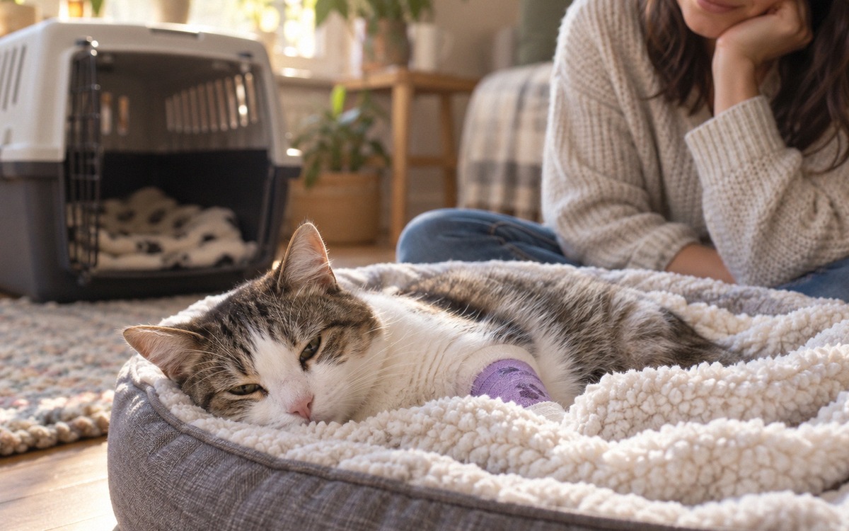 A female domestic cat slowly waking up from anesthesia in a cozy floor-level recovery bed at home, a