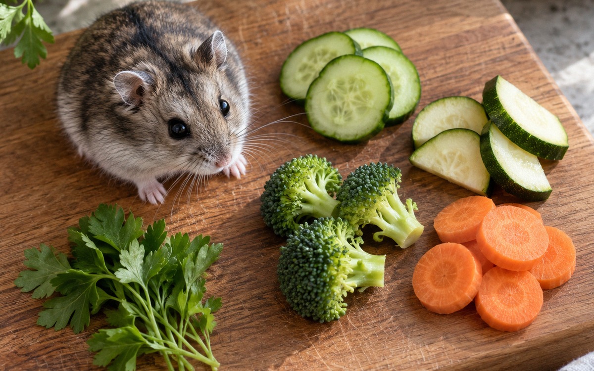 Photorealistic top-down kitchen scene: a small dwarf hamster near neatly arranged tiny portions of c