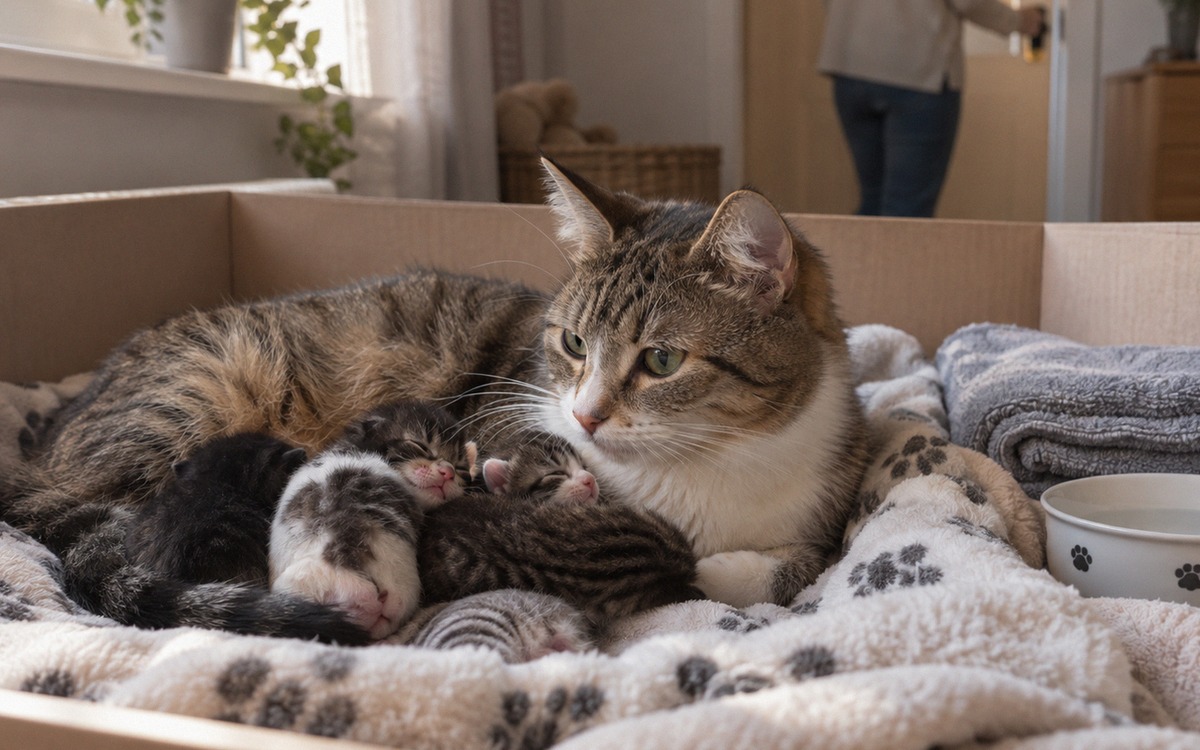 A worried young mother cat in a quiet nesting area with newborn kittens, owner softly closing the ro