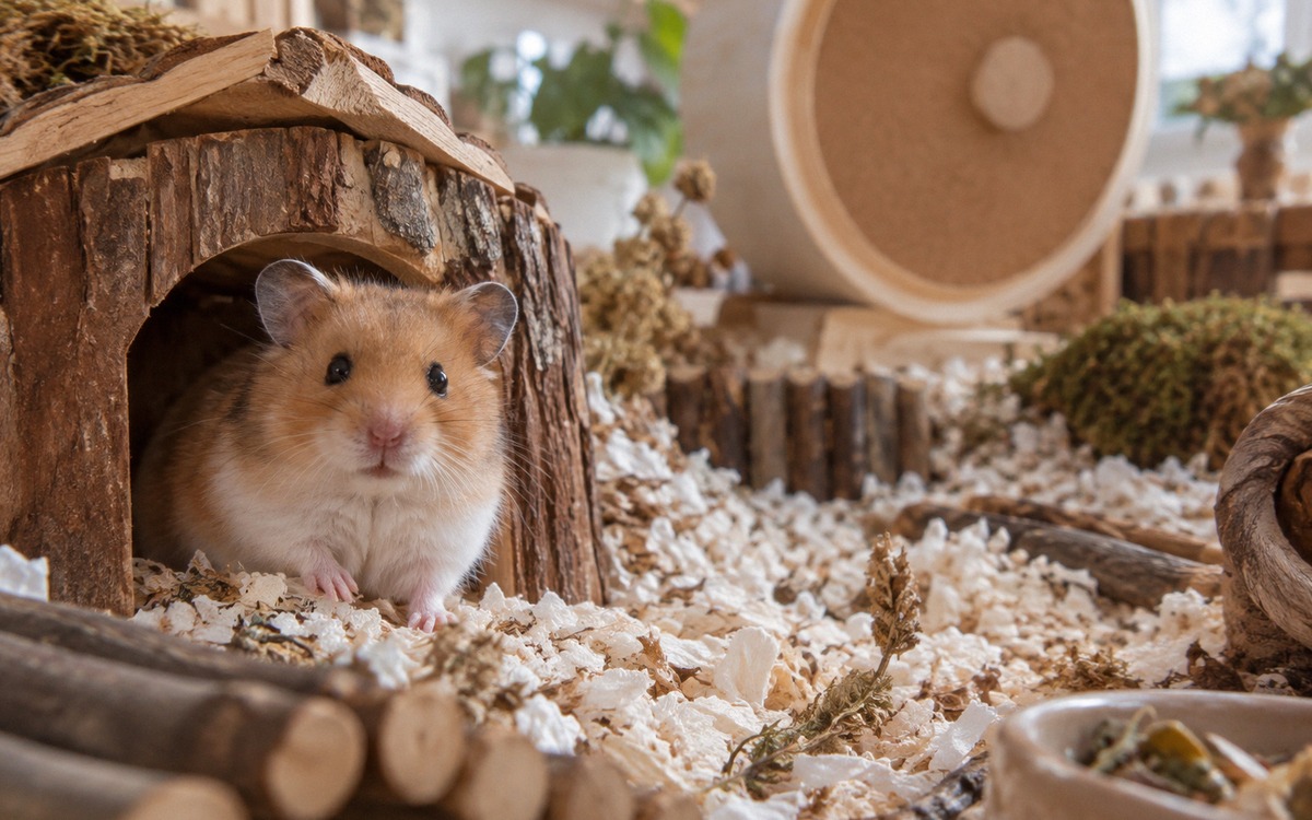 A golden Syrian hamster sitting calmly at the entrance of a wooden hideout in a spacious naturalisti
