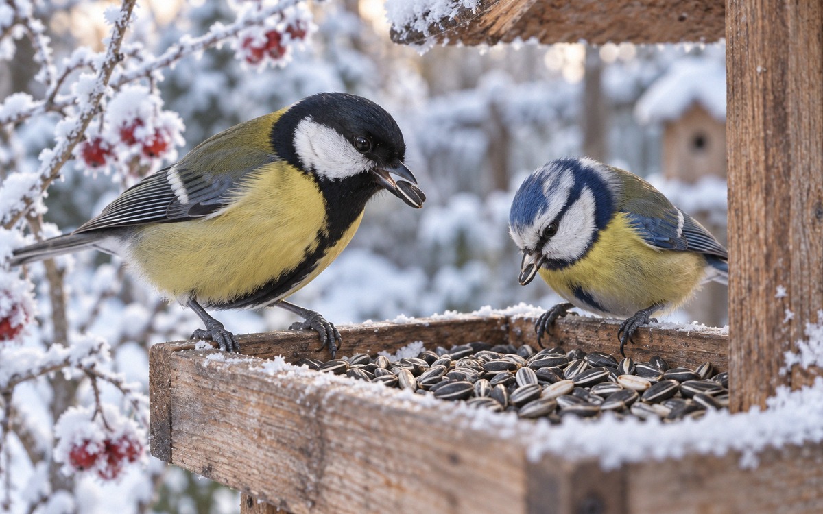Close-up natural wildlife photograph of a great tit and a Eurasian blue tit feeding from a clean woo