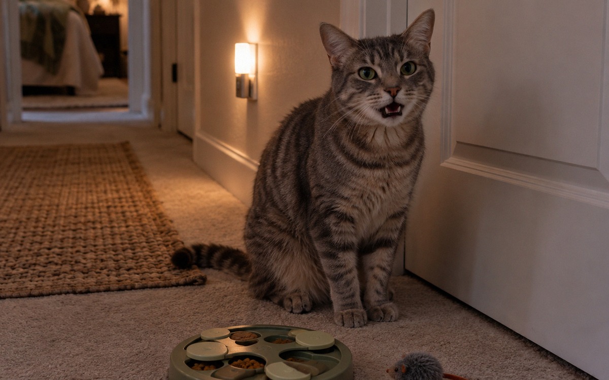 Photorealistic nighttime home scene: an adult domestic shorthair gray tabby cat sitting beside a clo