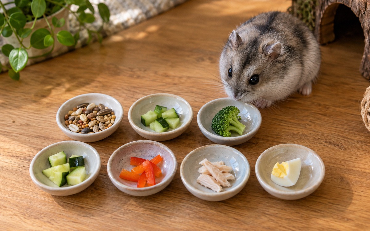 Photorealistic overhead scene of a weekly feeding preparation for one Djungarian hamster: seven tiny
