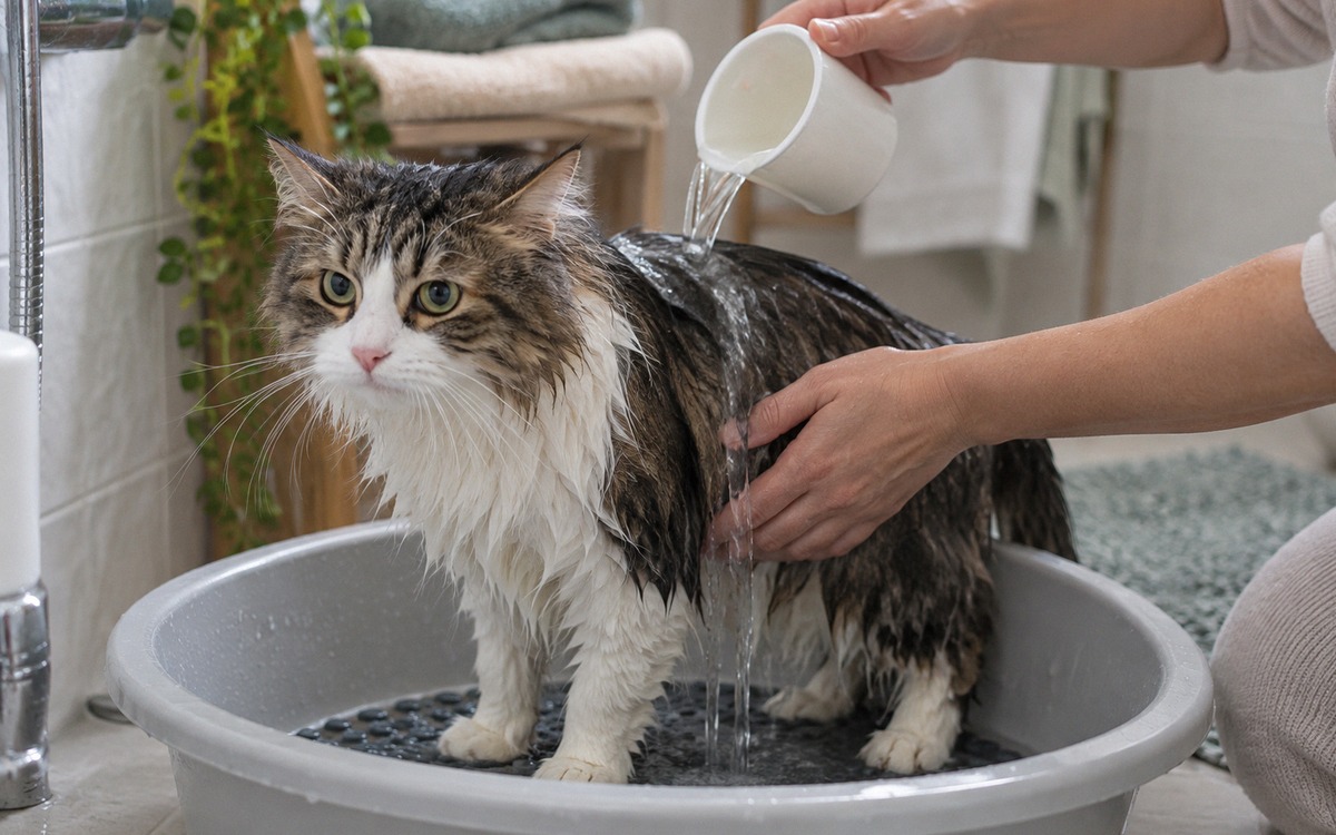 A realistic close editorial photograph of a frightened but calm longhaired house cat standing with a