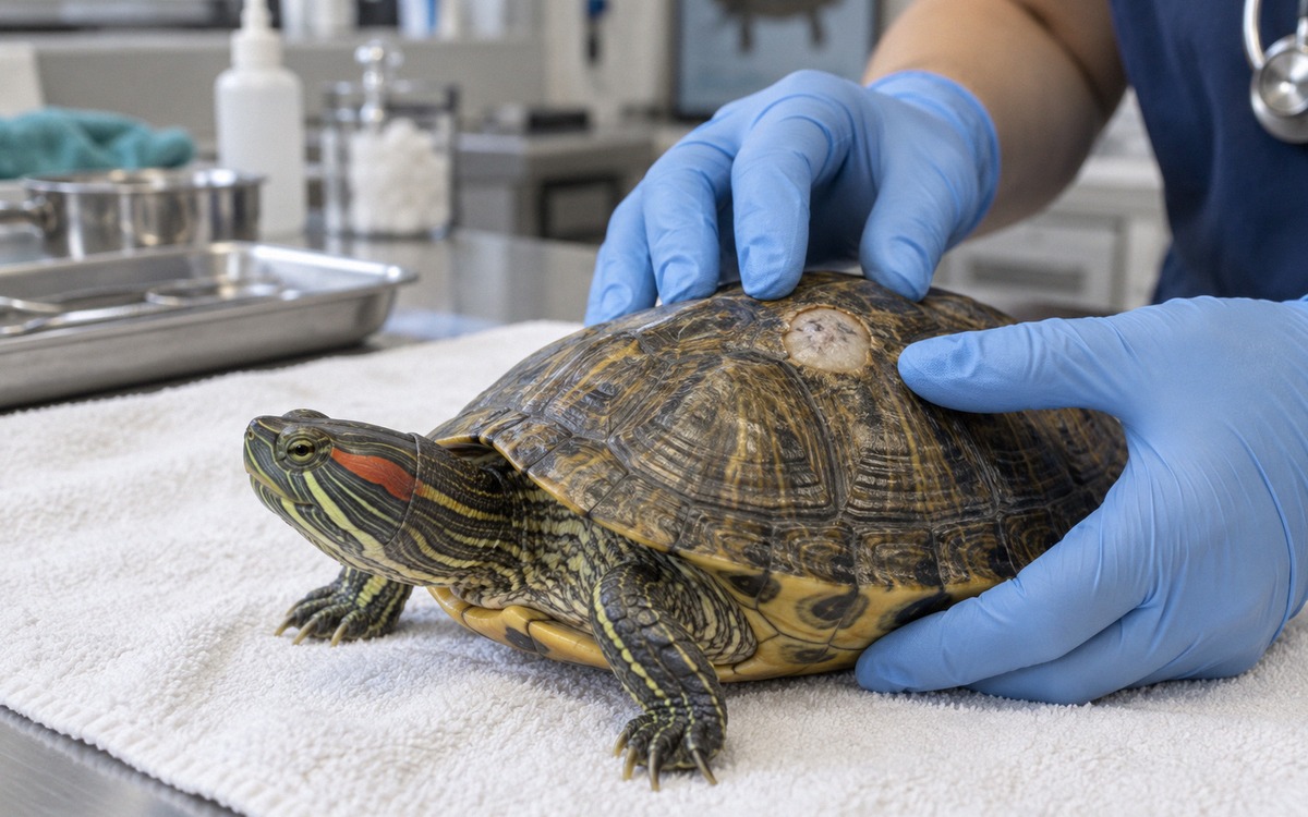 Photorealistic veterinary examination of a red-eared slider turtle with a veterinarian's gloved hand