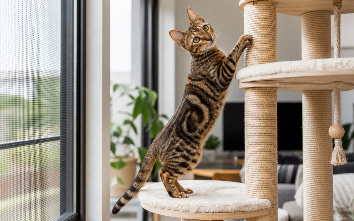 Photorealistic Sokoke cat with short marbled brown tabby coat climbing a tall cat tree in a bright a