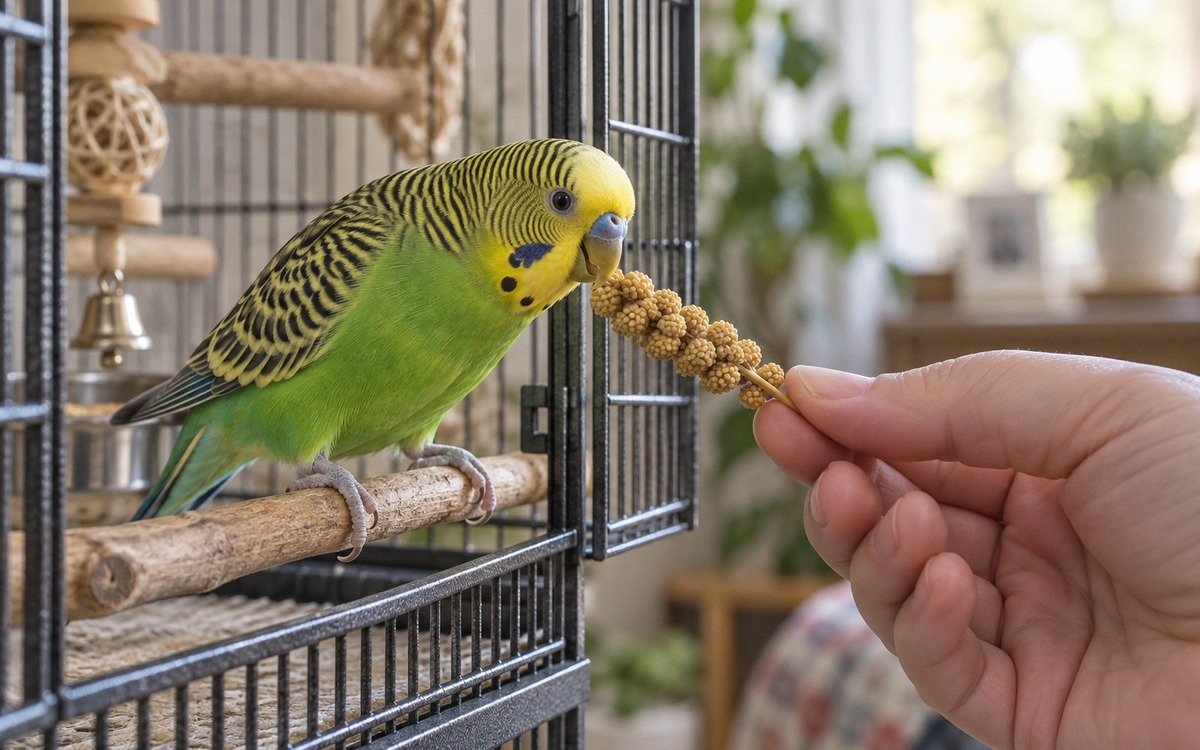 Close realistic photograph of a cautious green and yellow budgerigar inside an open cage doorway gen