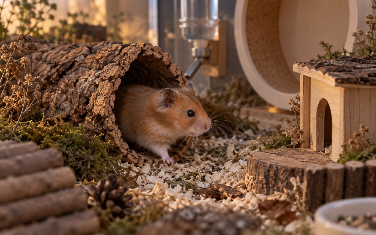 Photorealistic scene inside a well-designed hamster enclosure in gentle low evening light: a golden