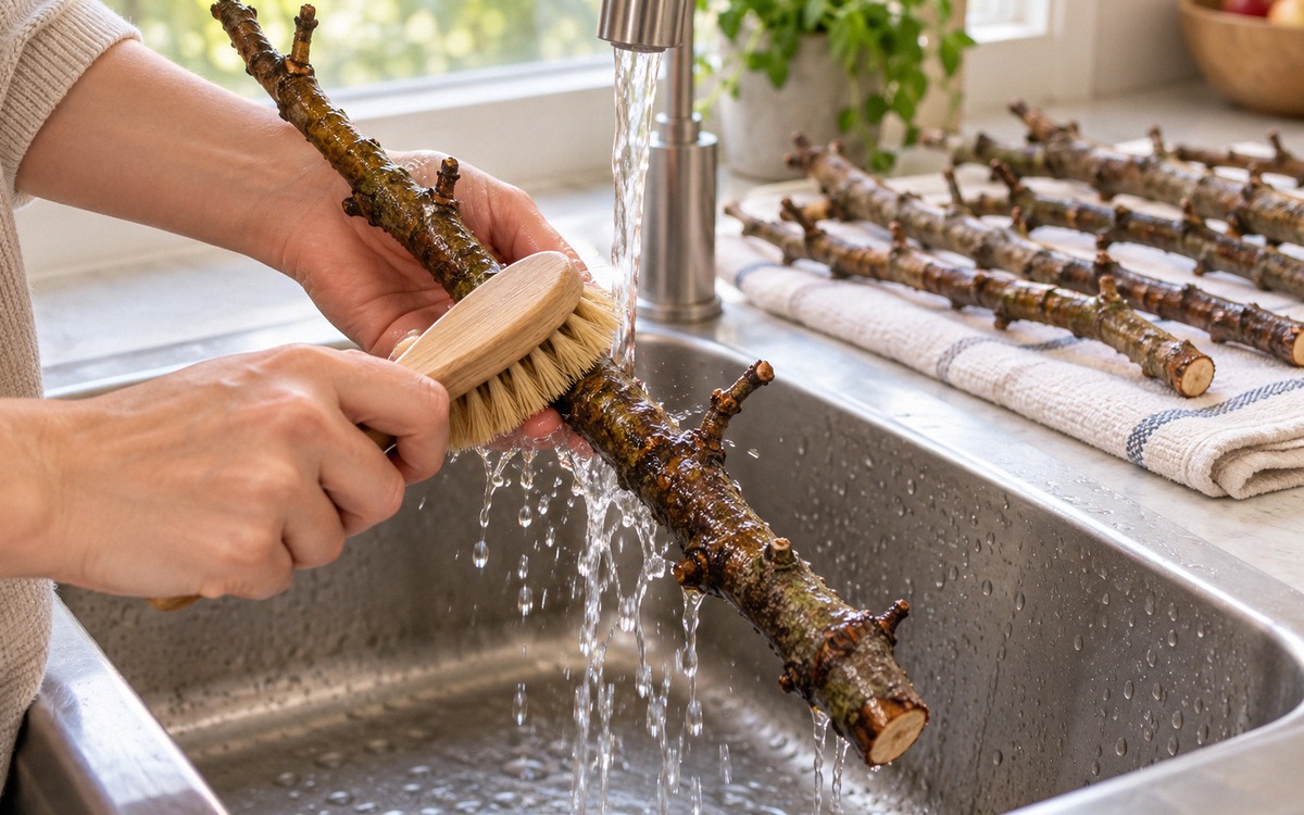A realistic close-up editorial photograph showing hands carefully cleaning a fresh untreated apple t