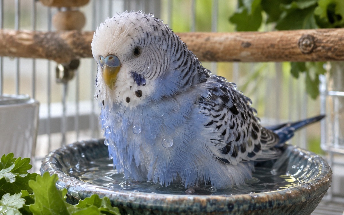 Photorealistic scene of a blue and white budgerigar voluntarily bathing in a shallow ceramic bird ba