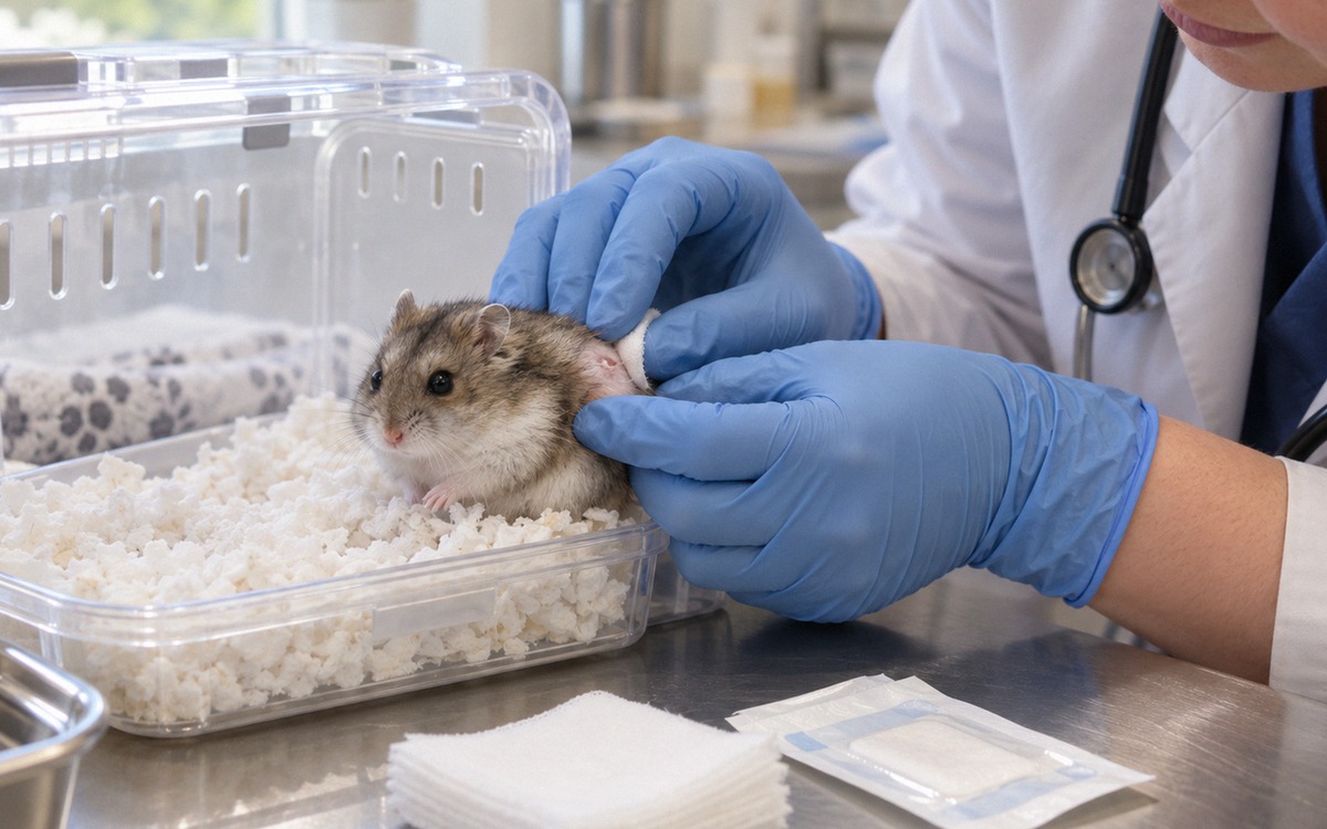 A realistic veterinary first aid scene for a small hamster after a conflict: a tiny dwarf hamster re