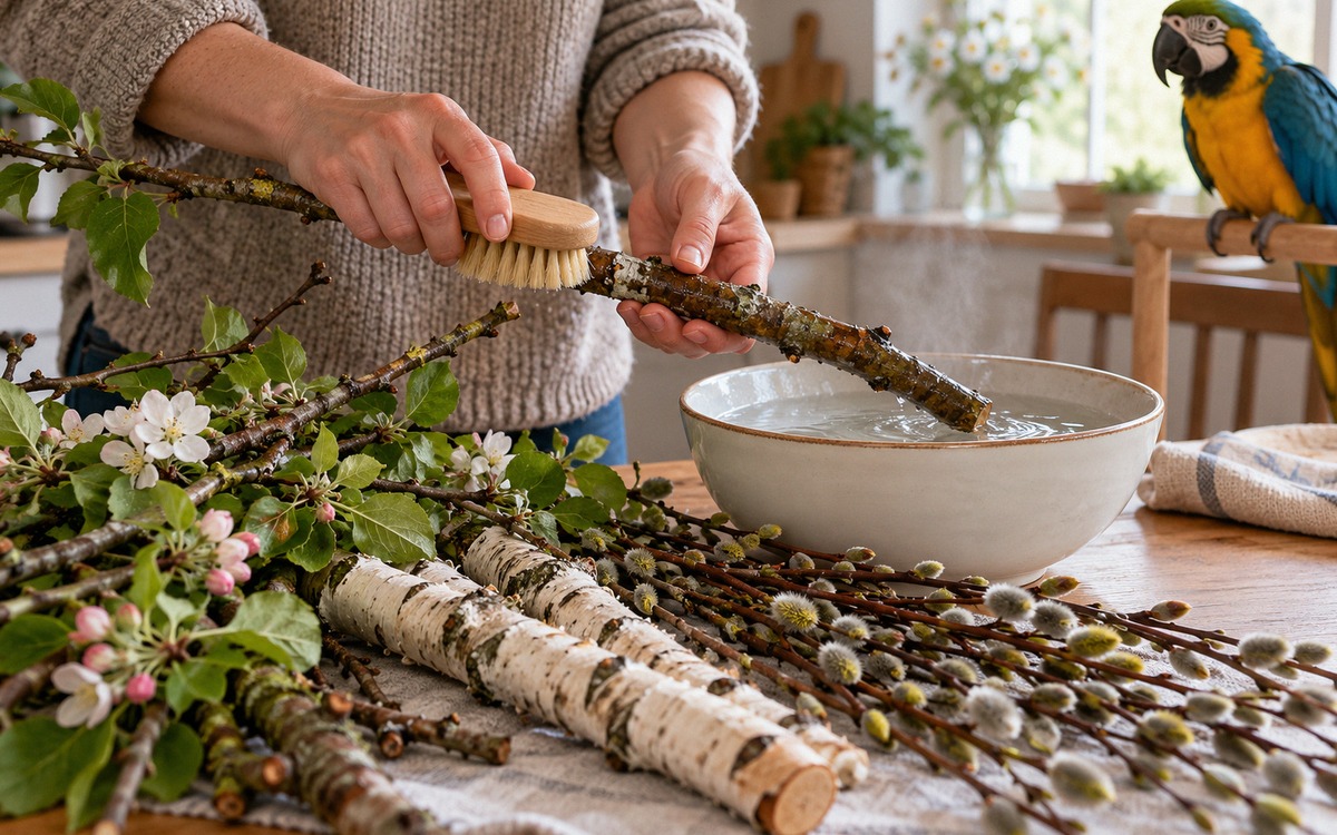Natural photography of hands preparing several freshly collected safe tree branches for a pet parrot