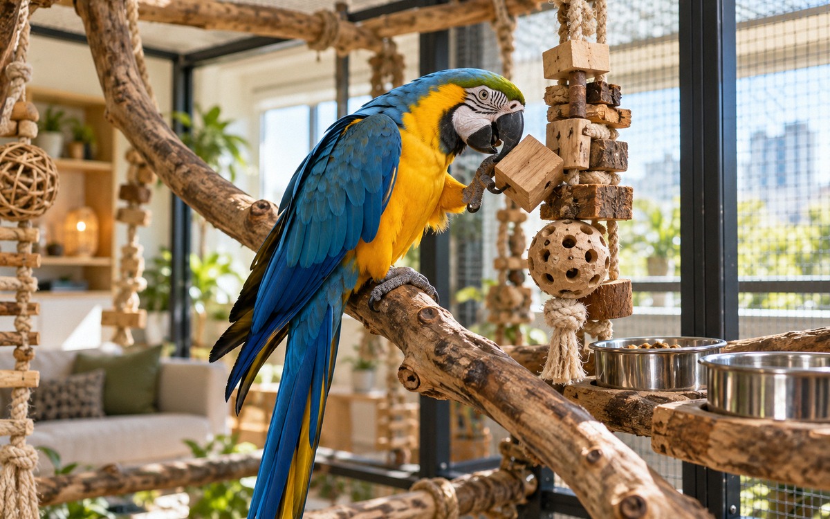 A blue-and-yellow macaw inside a large secure indoor aviary in a carefully prepared apartment, bird 
