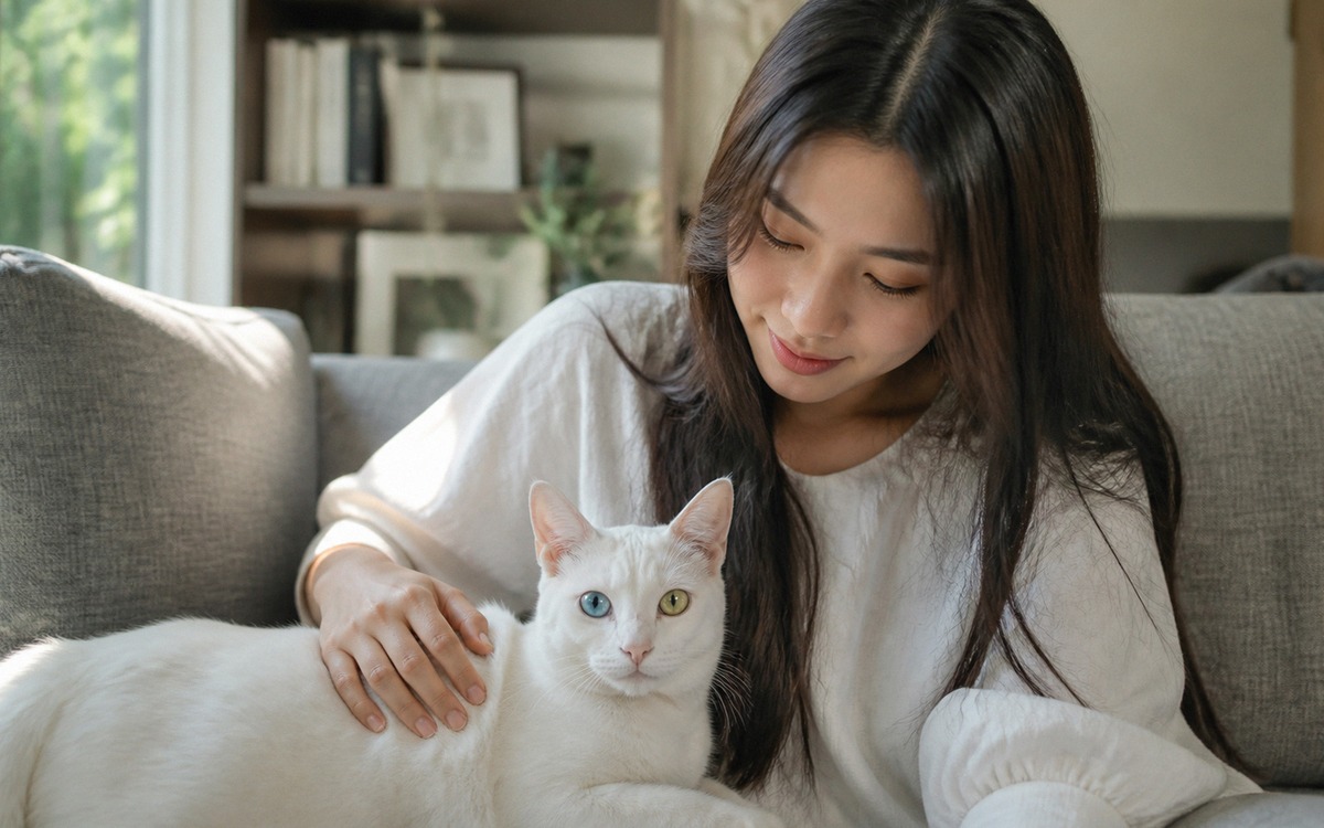 A photorealistic scene of a rare domestic cat breed at home, elegant white Khao Manee cat with strik