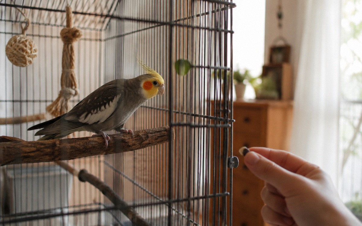A cautious cockatiel moving to the back of its cage while a human hand stays outside the cage offeri