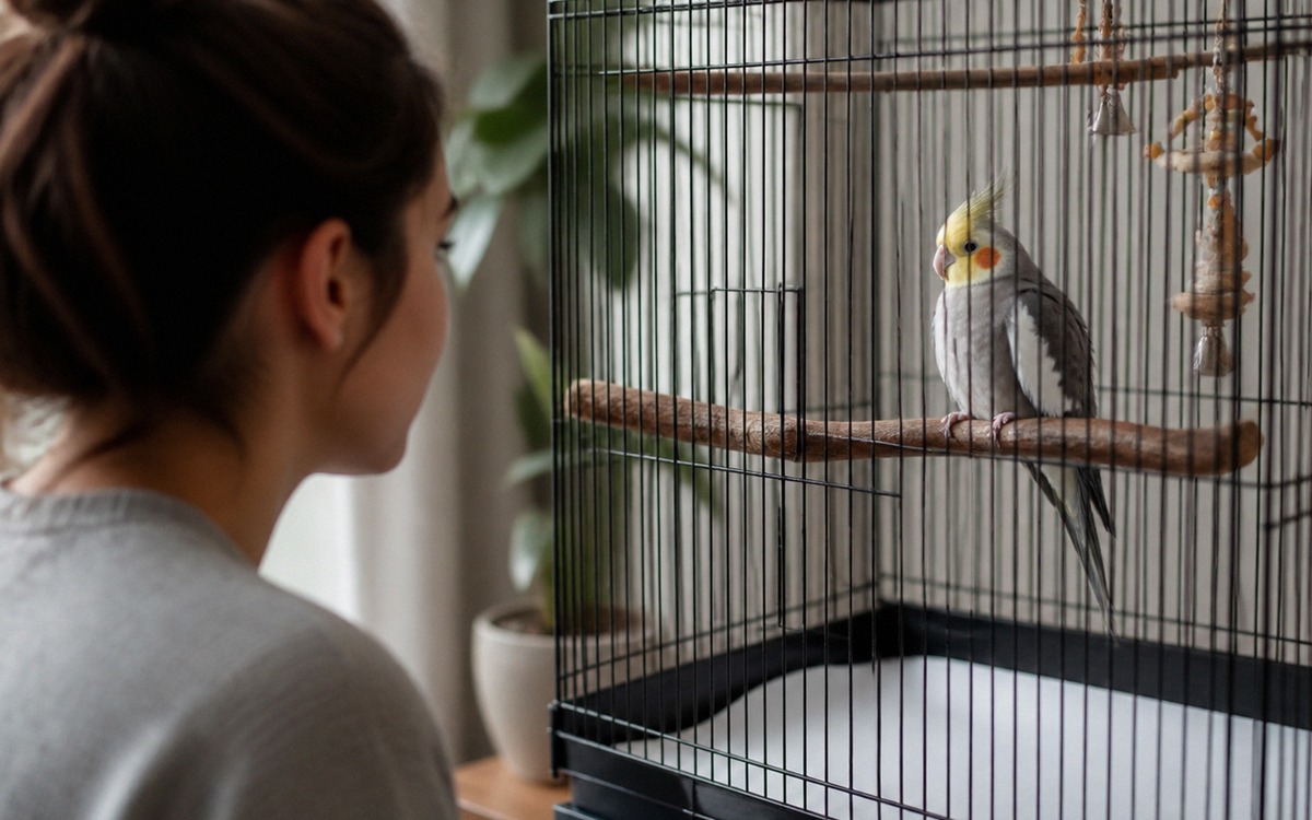 A concerned owner observing a quiet cockatiel in a cage from a respectful distance, the bird slightl