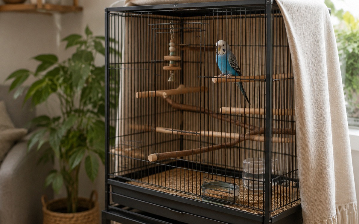 Photorealistic scene of a well arranged bird cage in a quiet living room corner, budgerigar sitting 