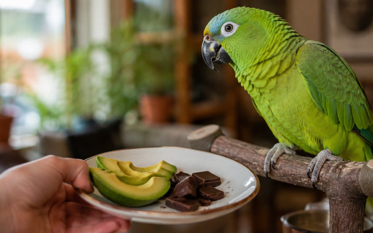 Photorealistic close-up of a green parrot perched safely on a wooden stand while a human hand moves