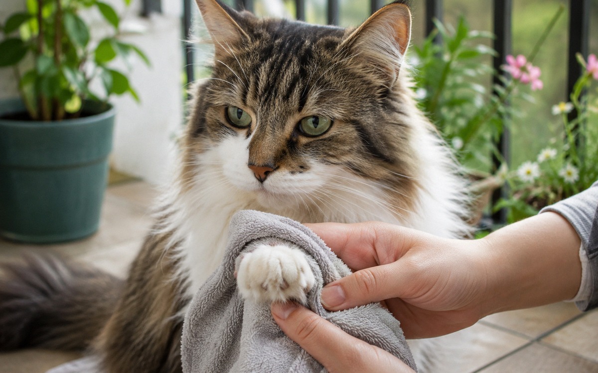 A long-haired domestic cat with slightly dirty paws after exploring a balcony garden, owner gently w
