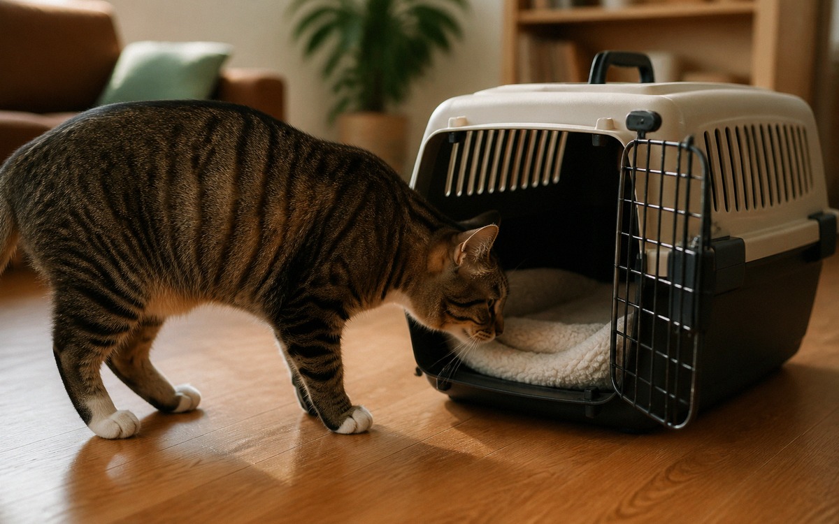 A sturdy hard plastic cat carrier with removable top and open front door placed on a wooden floor, s