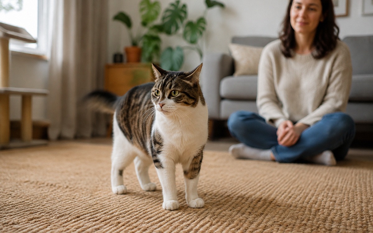 Photorealistic scene of a domestic cat showing alert body language on a living room rug, ears slight