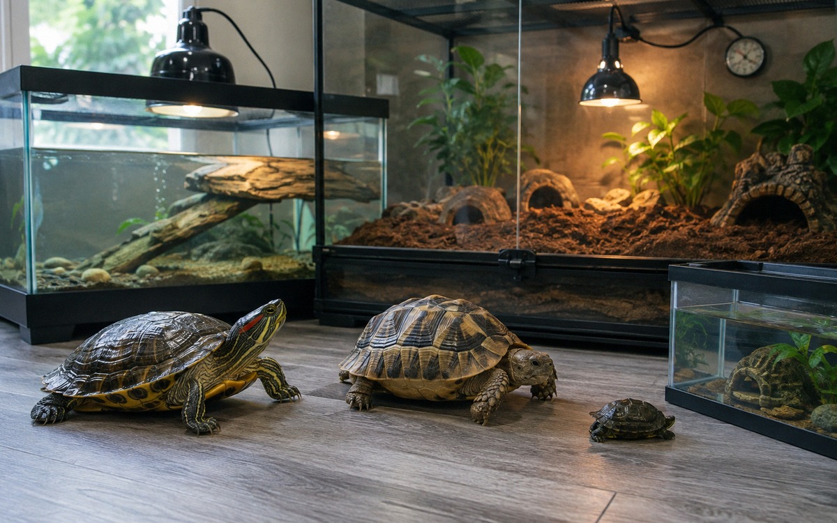 A realistic home scene showing the size difference between a red-eared slider, a Central Asian torto
