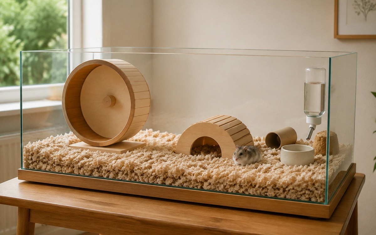 Spacious hamster enclosure on a stable table in a quiet room, deep paper bedding, large solid runnin