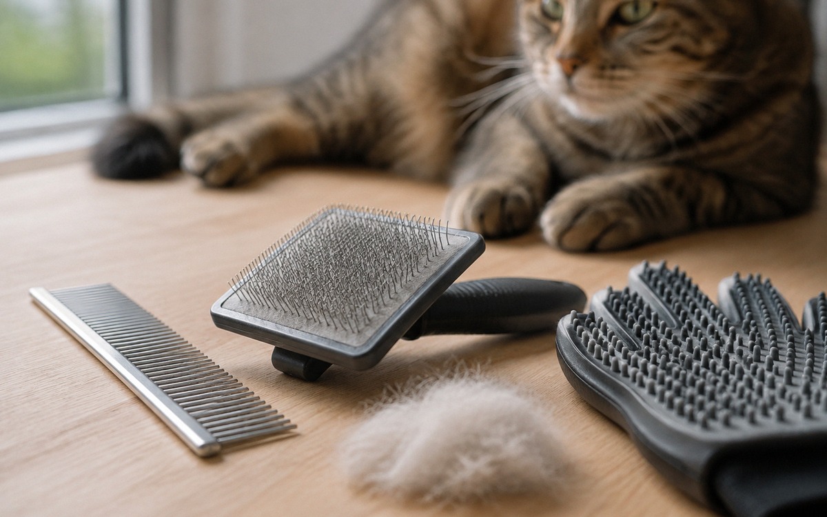 Close-up of grooming tools for a cat arranged on a light wooden table: metal comb, soft slicker brus