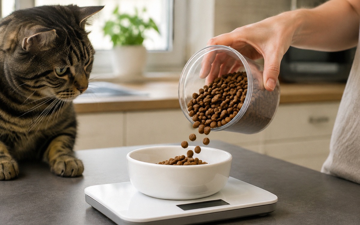 Photorealistic close-up of a cat owner measuring dry cat food on a digital kitchen scale, curious ta