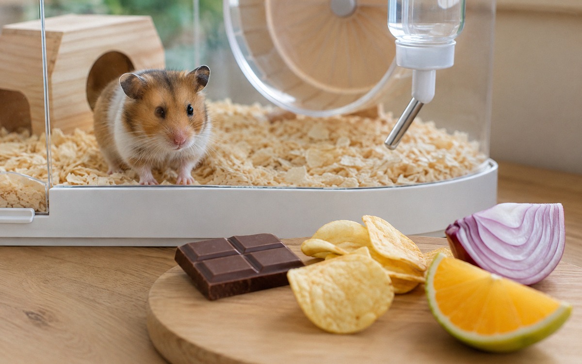 Photorealistic close-up of a hamster cage setup with a small hamster in focus and a separate visible