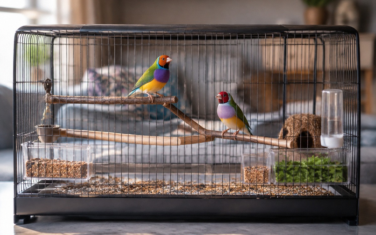 A pair of Gouldian finches sitting on natural wooden perches inside a long rectangular cage, seed mi