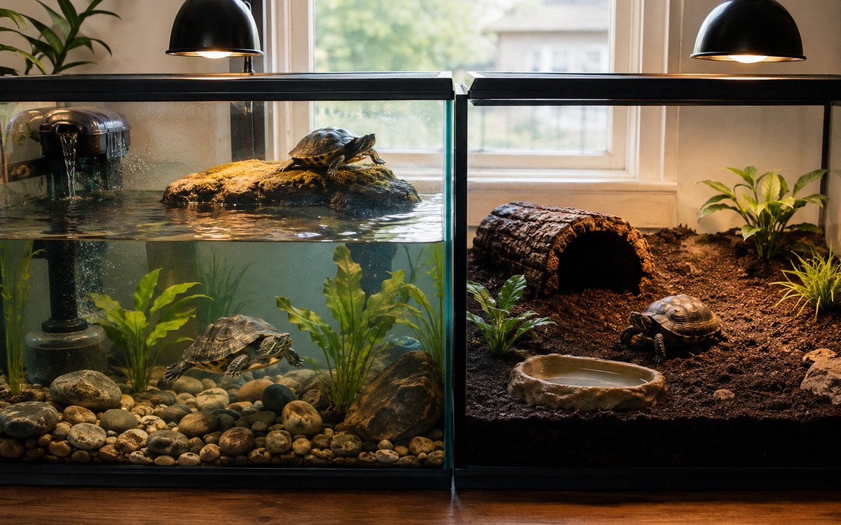 Photorealistic scene of a well prepared turtle habitat at home, split view feeling with an aquatic t