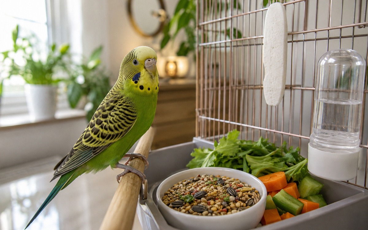 Photorealistic close-up of a budgerigar near a balanced bird feeding setup, high quality seed mix, f
