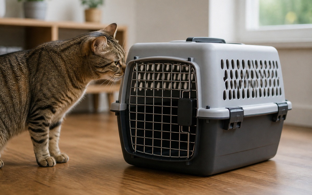 Photorealistic scene of a sturdy hard plastic cat carrier with removable top placed on a wooden floo