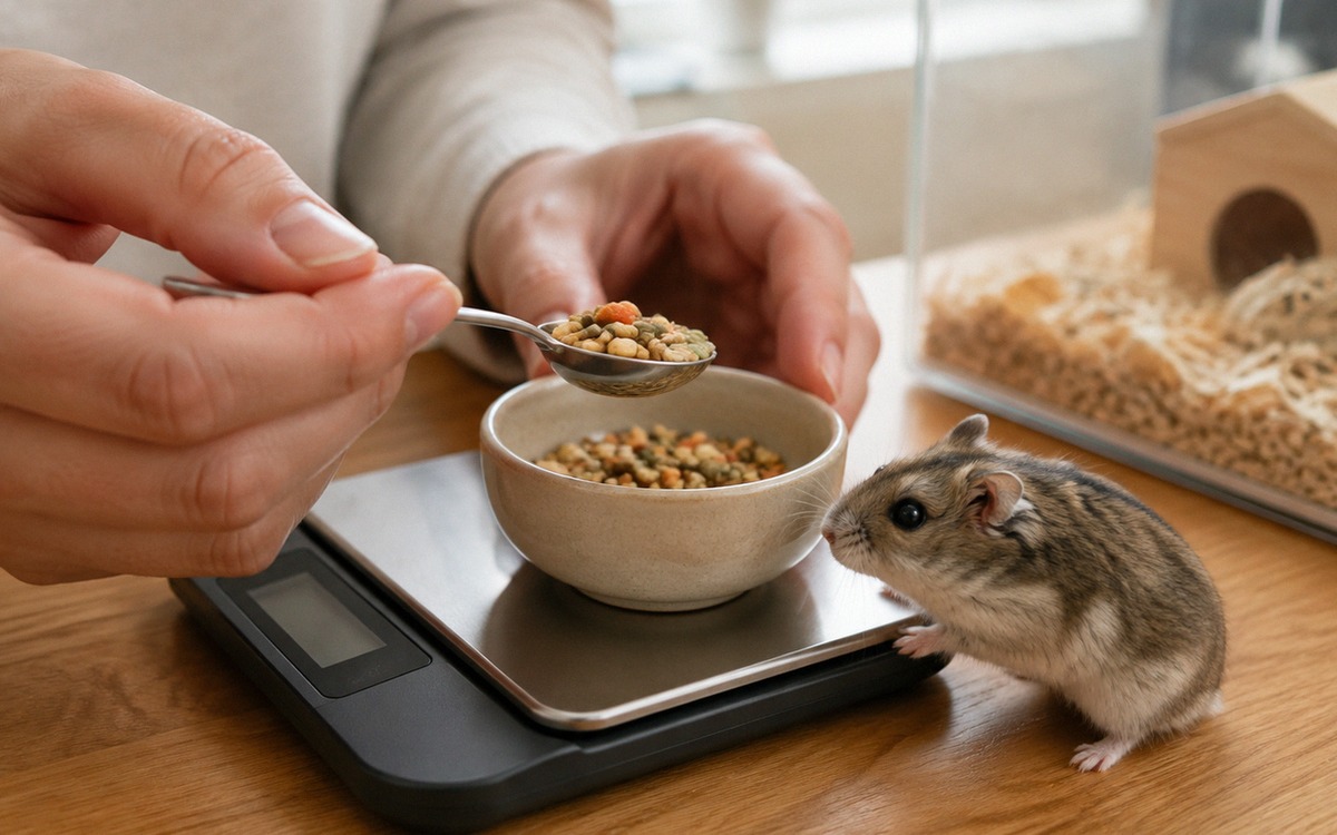 Close-up of a careful owner measuring hamster food with a small teaspoon next to a digital kitchen s