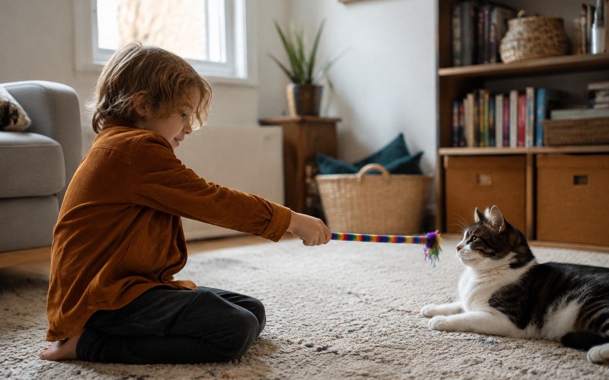Photorealistic scene of a child sitting on the floor at a respectful distance from a relaxed domesti